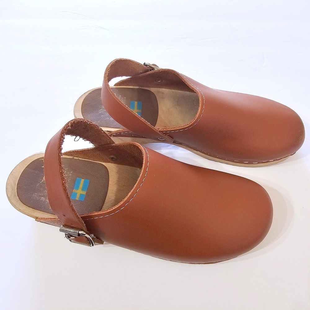 MIA Alma Free People Swedish Wooden Clogs Cognac Brown Leather 38 (7.5) 70s - Picture 3 of 11
